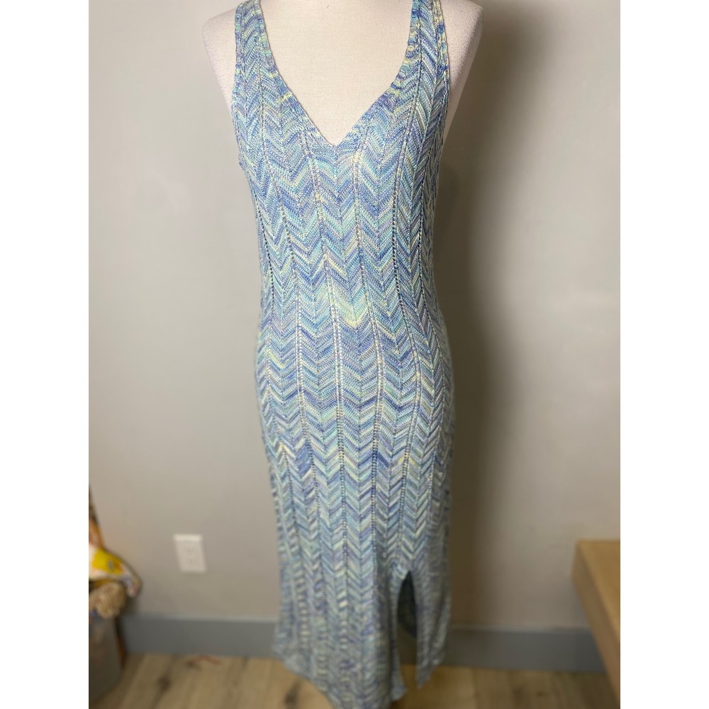 Madden NYC Blue Chevron Knit V-Neck Midi Dress Sleeveless Slit Medium
